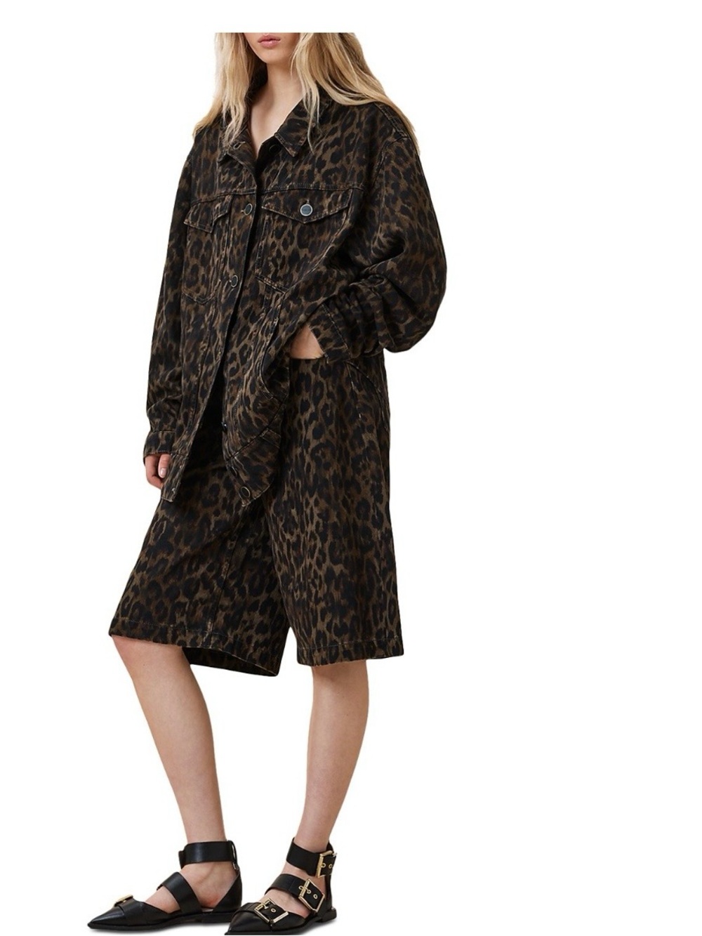 AllSaints Leopard Print Denim Louie Long Shorts - Picture 4 of 9